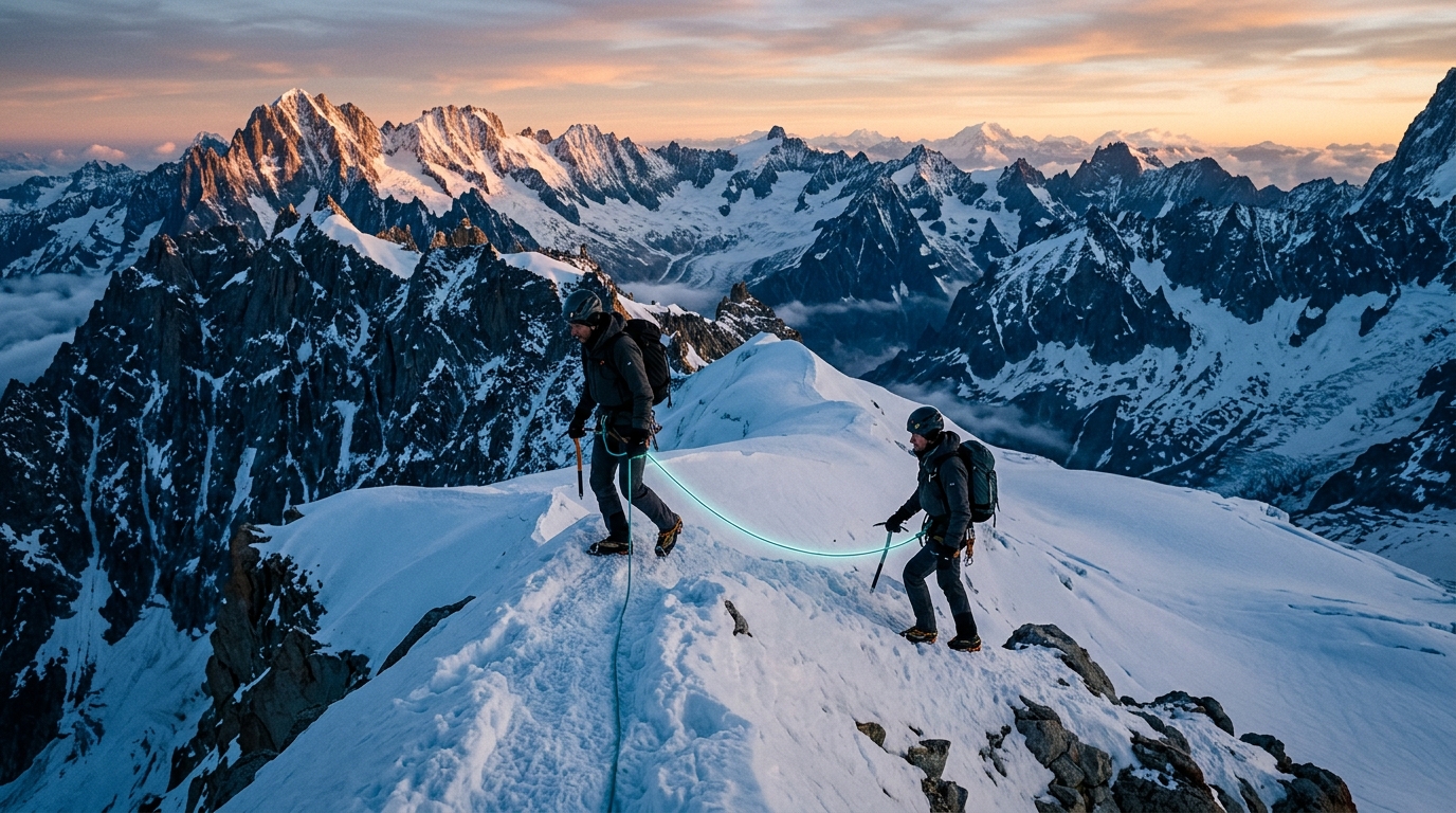Zwei angeseilte Bergsteiger am alpinen Grat — Sinnbild für das Peer-Partner-Prinzip