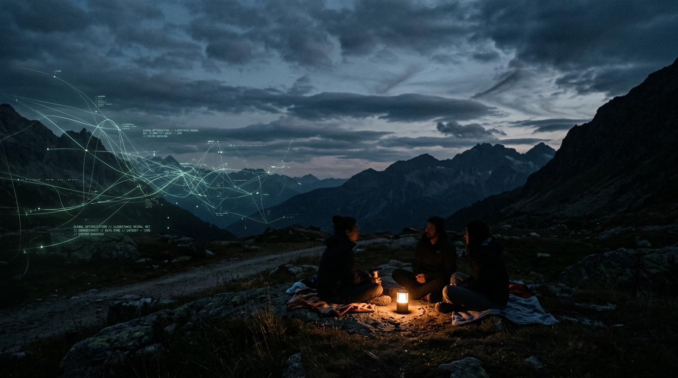 Drei Menschen sitzen in der Bergdämmerung im Gespräch um eine Laterne, links eine leuchtende KI-Visualisierung aus Linien und Knoten.